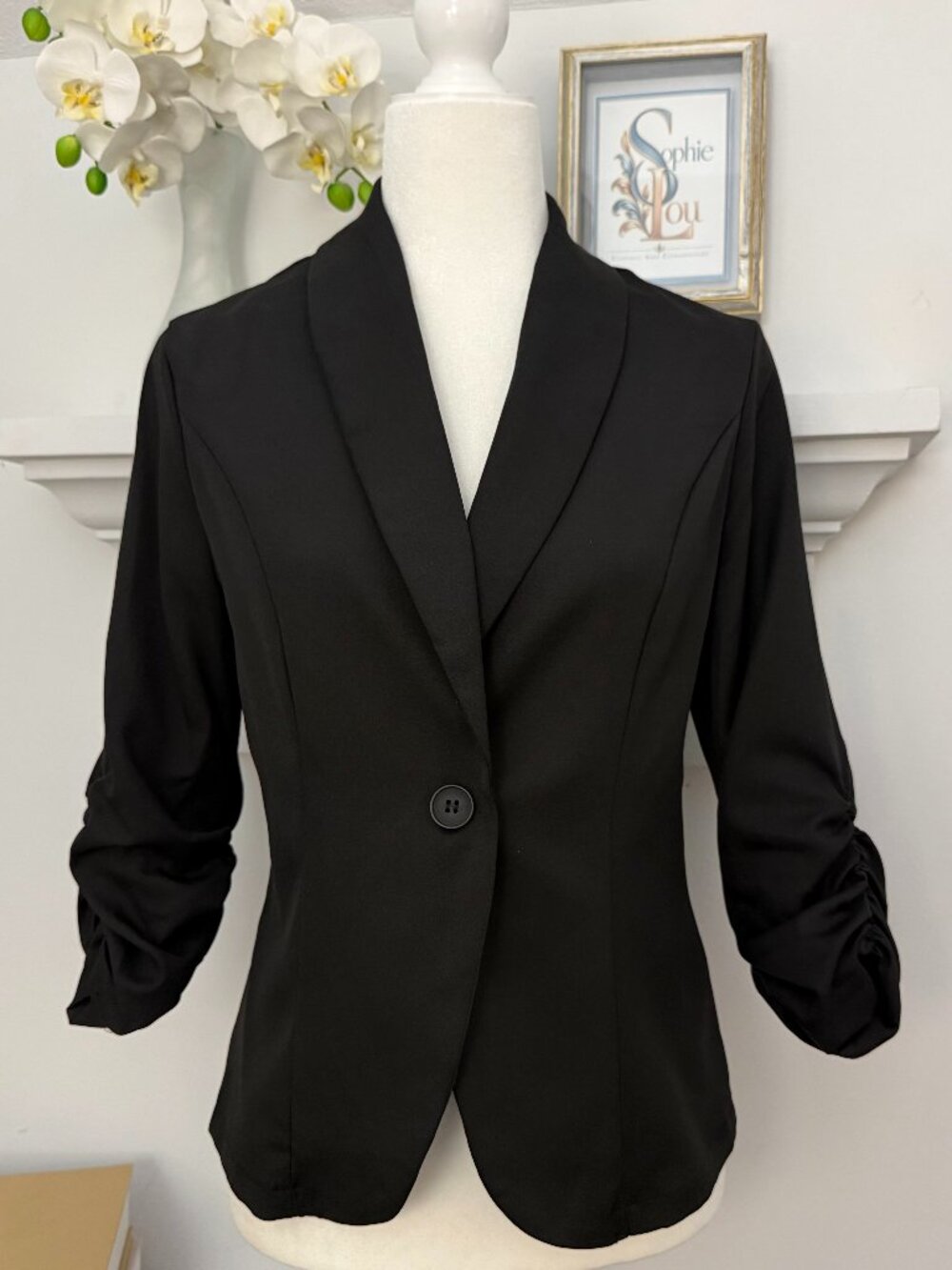 NEW Black Ruched Sleeve Fitted Blazer Women’s Small